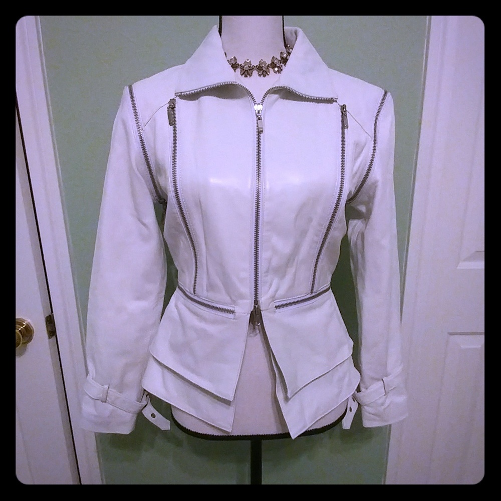 Multi-way white leather jacket